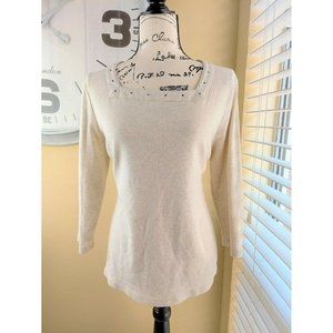 Kim Rogers Women's Ligth Beige Pullover Top Embellished Squarte Neck Size Large